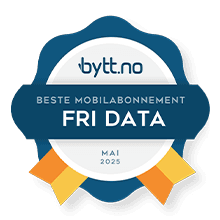 Et emblem som viser "beste mobilabonnement for Mai 2025" for Fri Data-abonnement