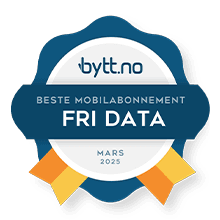 Et emblem som viser "beste mobilabonnement for mars 2025" for Fri Data-abonnement