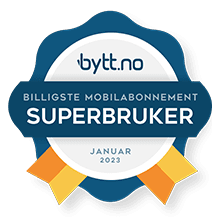 <p><strong>Bytt.no</strong> kåret «Billigste mobilabonnement februar 2023». Vinneren i kategorien «Superbruker» er <a href="/fri-data">Chili Fri Data Standard</a> og i kategorien «Mye Data» er <a href="/mobilabonnement/15-gb/">Chili 15 GB</a></p>
<p><a href="https://www.bytt.no/mobilabonnement/privat/billigste-mobilabonnement#super">Testen finner du her →</a></p>
<p>Bytt.no kåret «Beste mobile bredbånd februar 2023». Vinneren i kategoriene «Lite bruk», «Middels bruk» og «Mye bruk» er Chili <a href="/hyttebredband/">Hyttebredbånd</a>. Ingen har vunnet så mange kåringer hos Bytt.no som Hyttebredbånd fra Chilimobil nå gjør.<br />
<a href="https://www.bytt.no/mobilabonnement/mobilt-bredband/beste-mobile-bredband#middels">Testen finner du her →</a></p>
