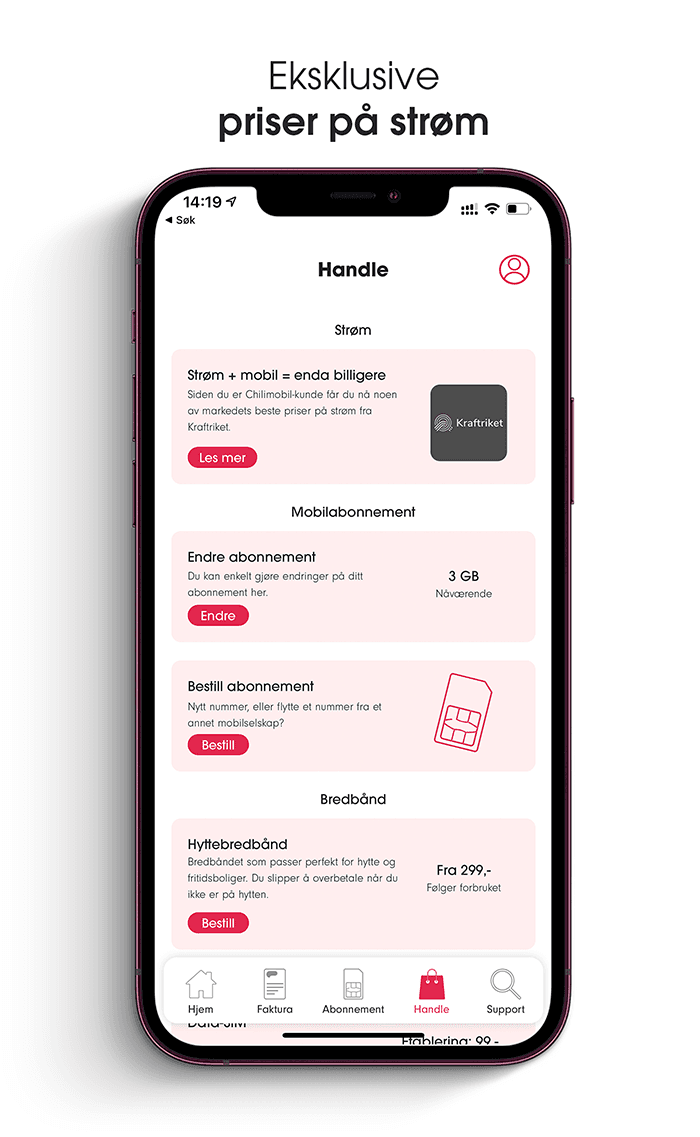 <h3>Finn strøm⚡på<br />
Handle-siden i appen</h3>
<p>&nbsp;</p>
<p>Via Handle-siden i MinChili-appen eller på MinSide, finner du nå strøm fra Kraftriket.</p>
