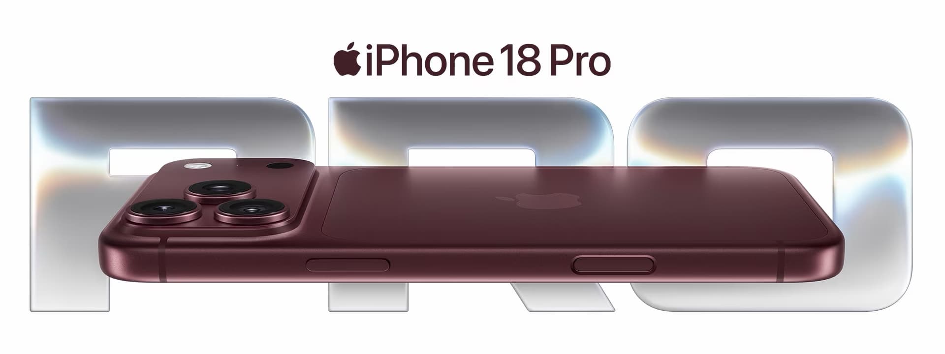 iPhone 18 Pro i mørk rød, liggende foran store PRO-bokstaver