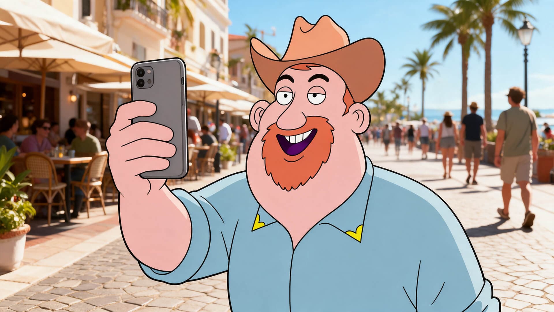 Cowboy tegnet, holder mobilen sin oppe i mens han er ved en fin lokasjon i utlandet