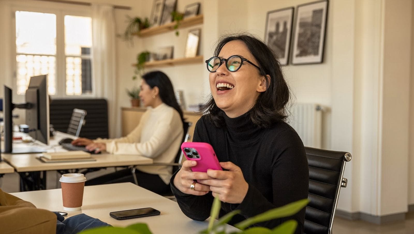 Kvinne med briller ler høyt på kontoret med mobilen i rosa deksel i hendene.